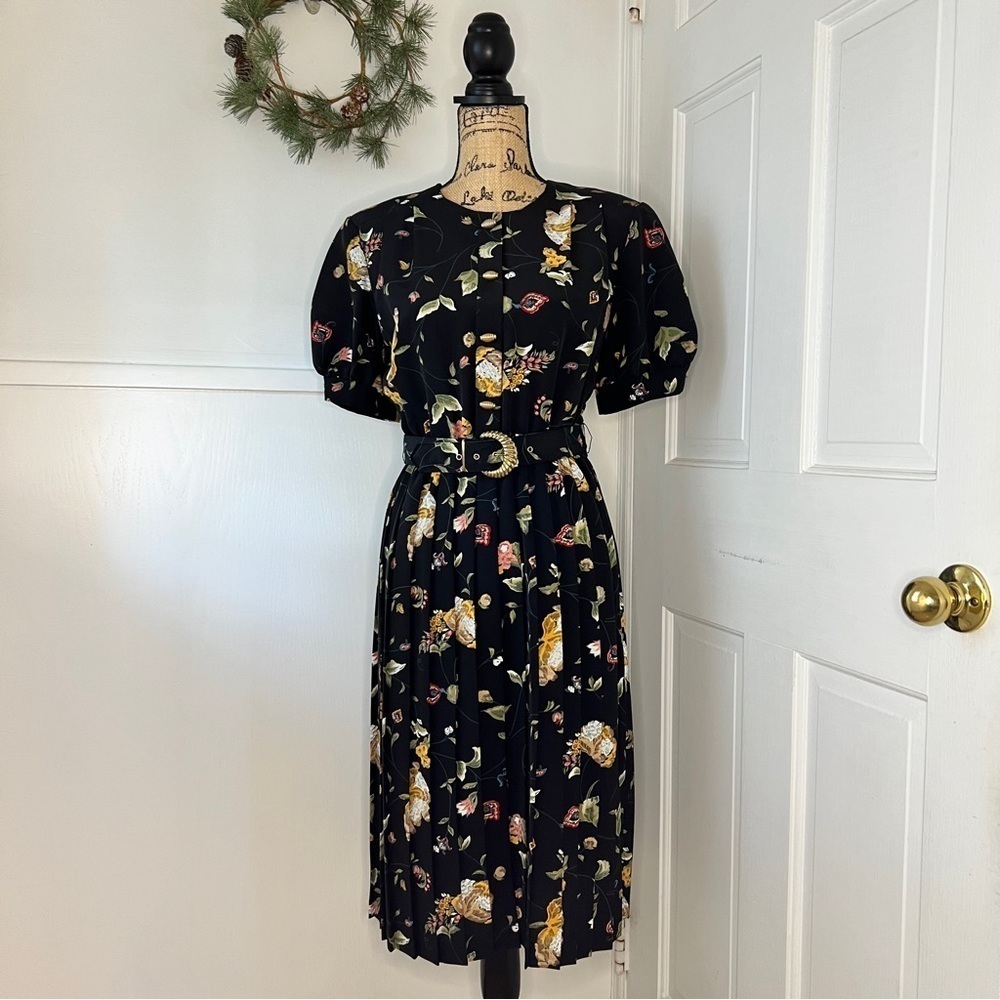 Vintage 80s Black Floral Pleated Polyester Midi Dress